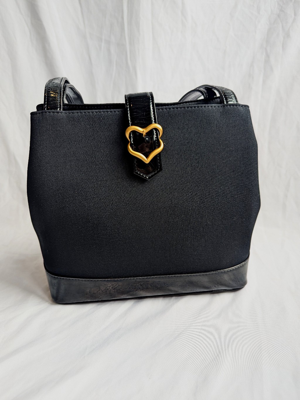 Yves Saint Laurent Navy & Black Canvas Tote Bag Gold Heart Hardware - Vintage